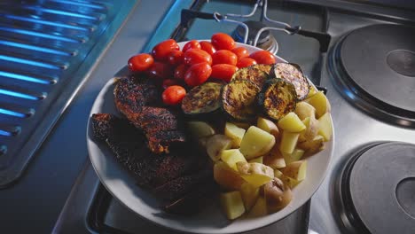 Pollo-Cocido-Con-Soja-Y-Miel-En-Un-Plato-Con-Tomates-Maduros-Frescos,-Rodajas-De-Berenjena-Frita-Y-Patatas