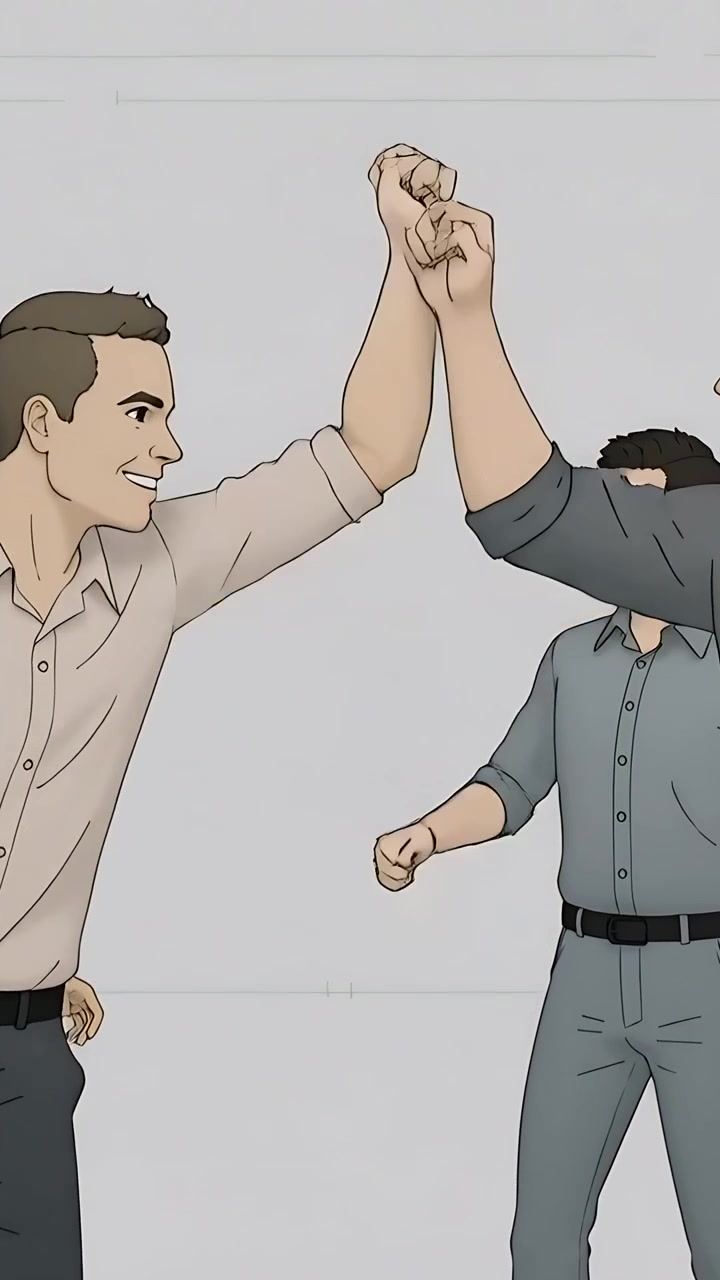 Video verticale: Alzando i pugni, la squadra si avvicina, salutandosi con un pugno in uno studio grigio, con colletto.