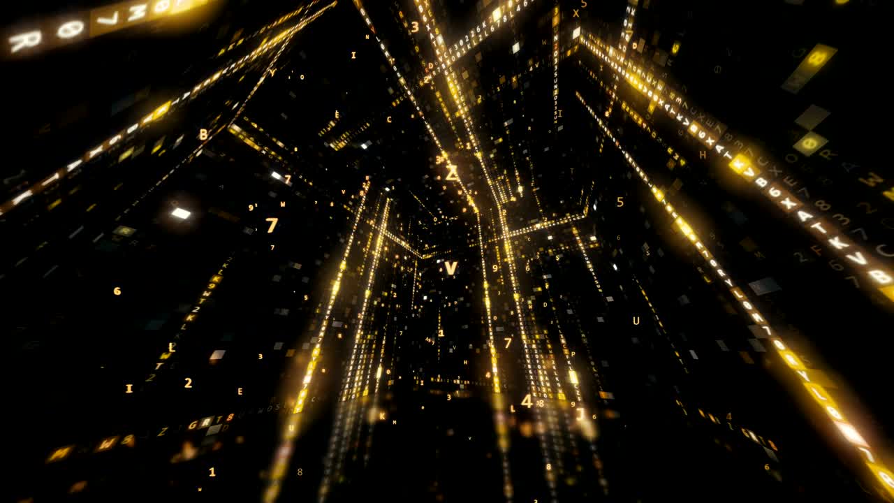 십육진자 기계 코드와 함께 회전하는 큐브 추상적인 기술 배경과 파란색으로 무결한 루프