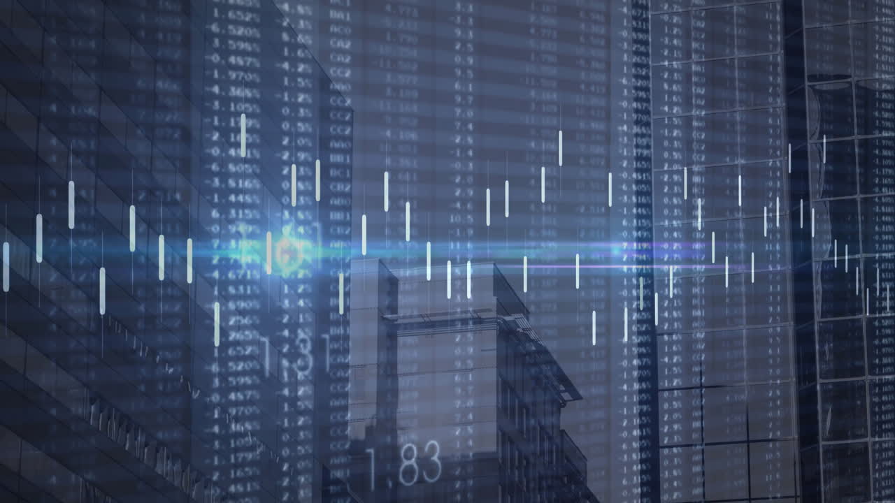 Translucent financial data overlay floating over skyline, showing candlestick bars and chart lines