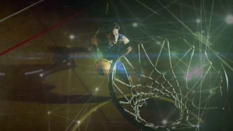 animation of networks of connections over mixed race male basketball player at gym