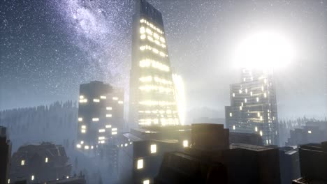 rascacielos de la ciudad por la noche con estrellas de la vía láctea