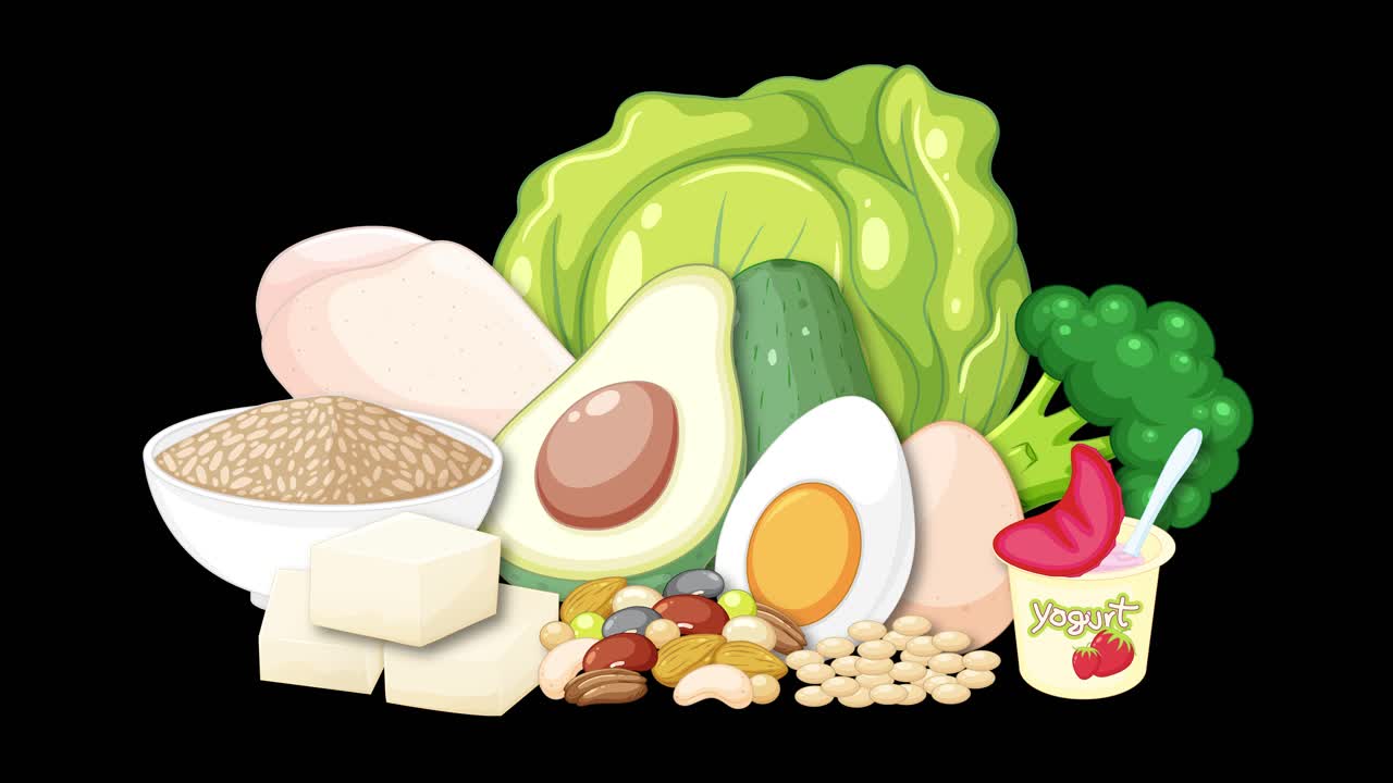 Healthy flexitarian food group items appear sequentially with smooth transitions on a black background
