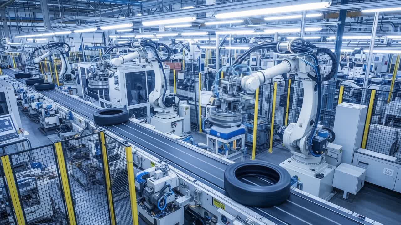 Advanced Robotic Assembly Line in a Tire Manufacturing Facility Showcasing Automated Machinery and Efficient Production Processes in a Modern Industrial Environment