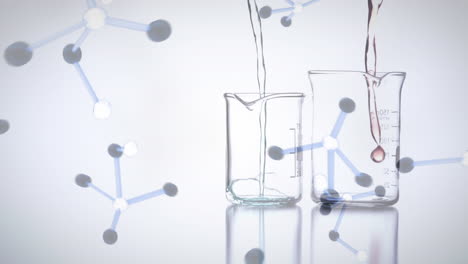 animation of liquid pouring on beakers with digital molecules falling on the foreground