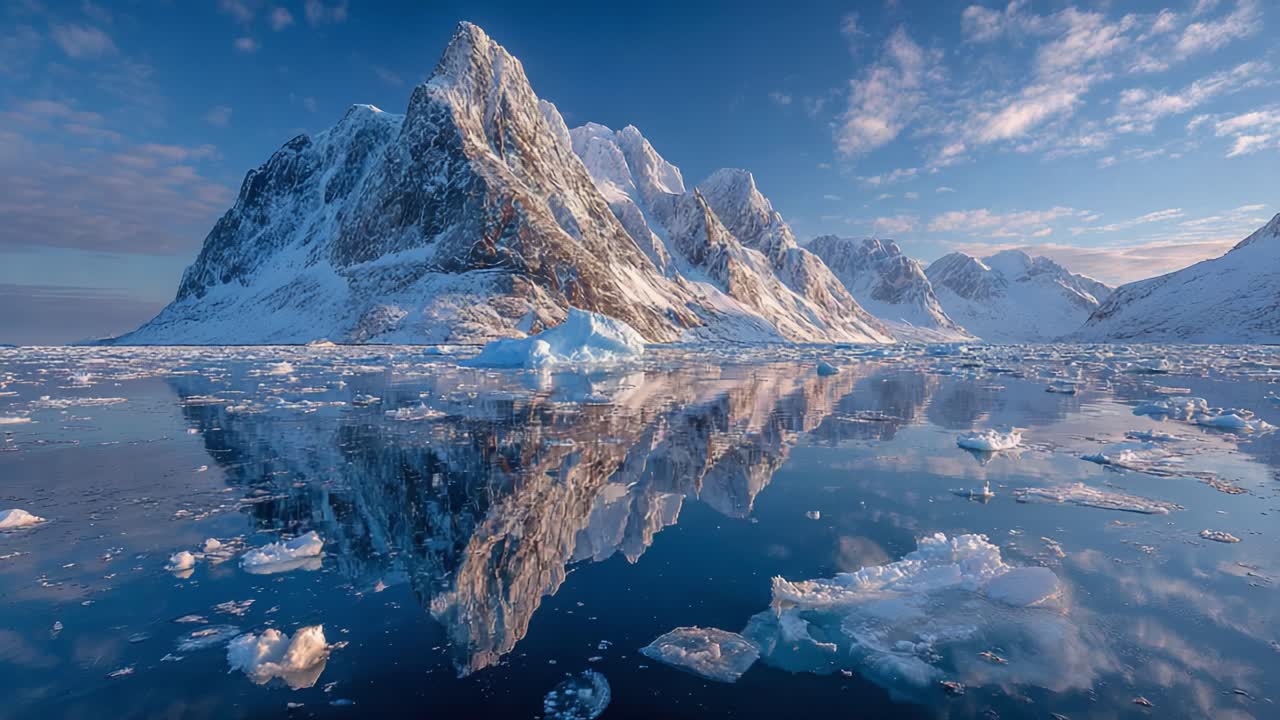 Majestic Ice Mountains Reflected in Tranquil Waters: A Serene Winter Landscape Captured in Stunning Detail