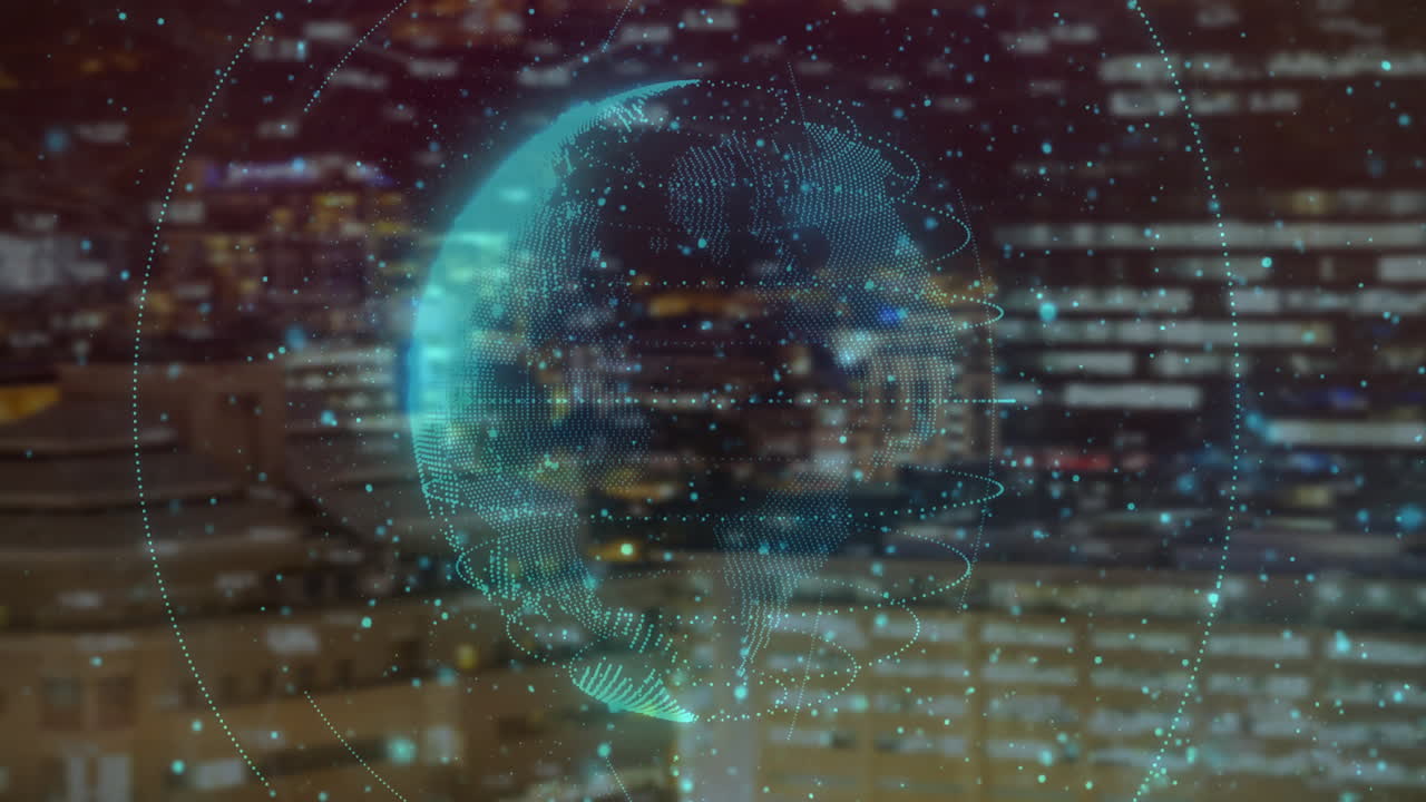 Animation of digital data processing and globe over cityscape