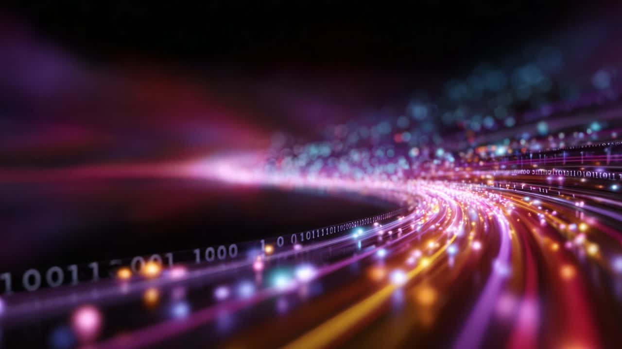 A Vibrant Digital Stream: A Captivating Journey Through Colorful Light Trails and Binary Data Representations in a Hypothetical Space of Technology and Innovation