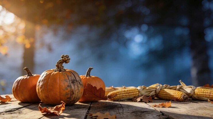 Scena del raccolto autunnale con zucche e mais su un tavolo di legno rustico
