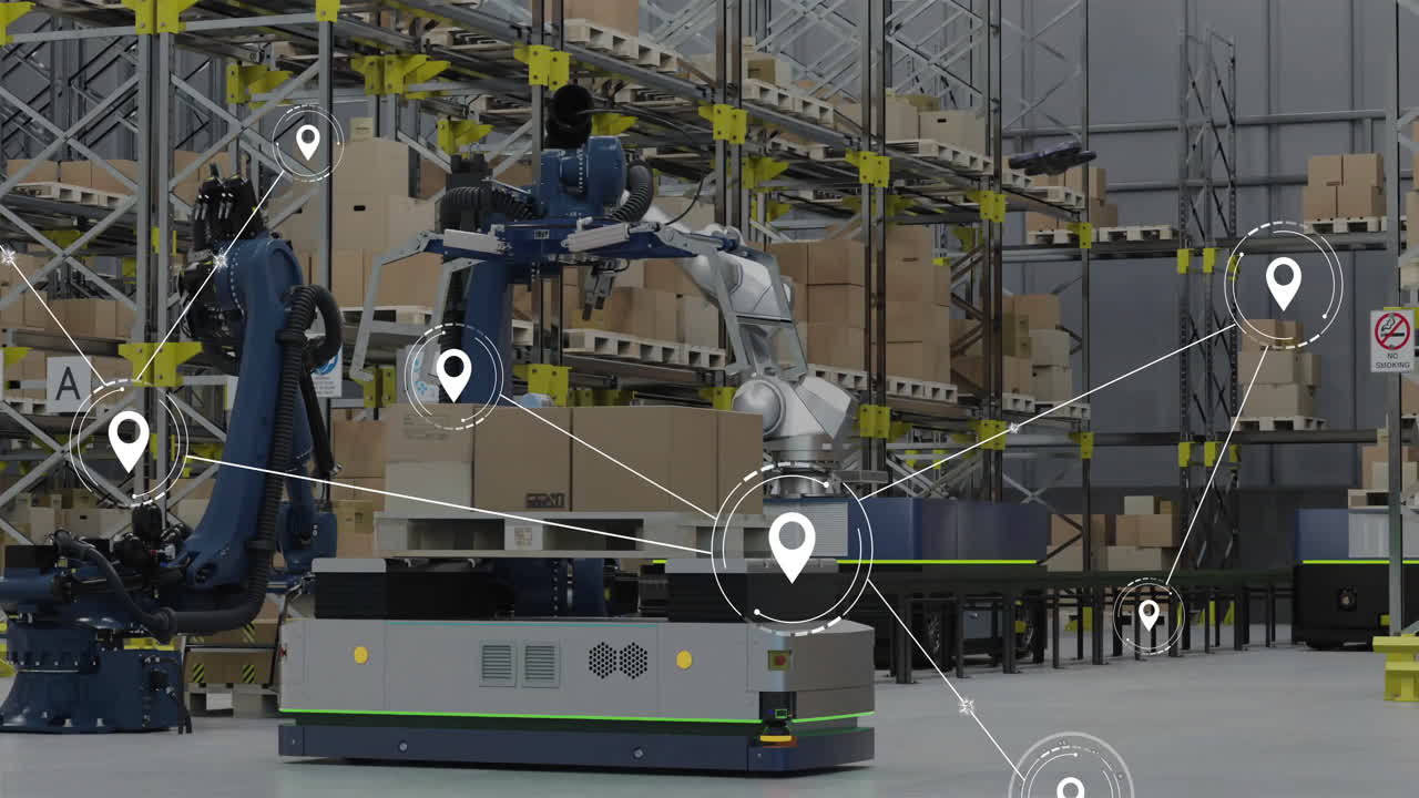 Animation of network of connections with icons over robot in warehouse