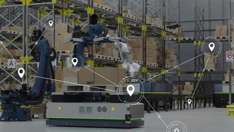 animación de la red de conexiones con iconos sobre el robot en el almacén