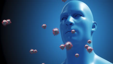 animación de células de macro coronavirus flotando sobre un modelo humano en 3d en el fondo. 4k