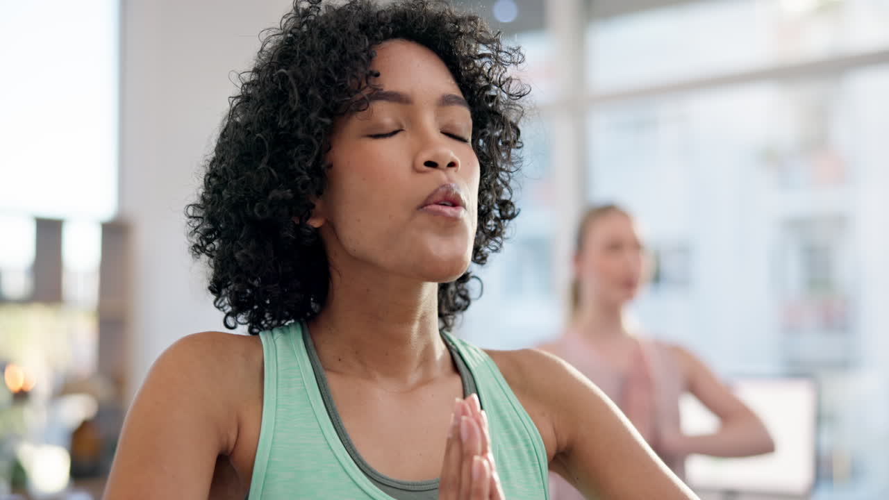 Meditation, yoga and zen with woman in class