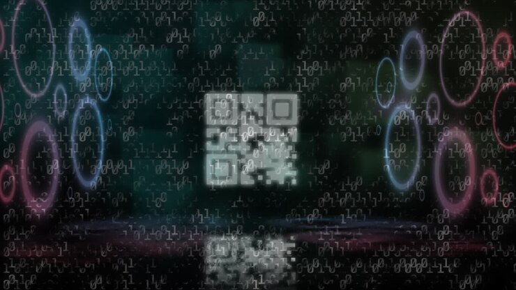 Animation of data processing and qr code over dark background