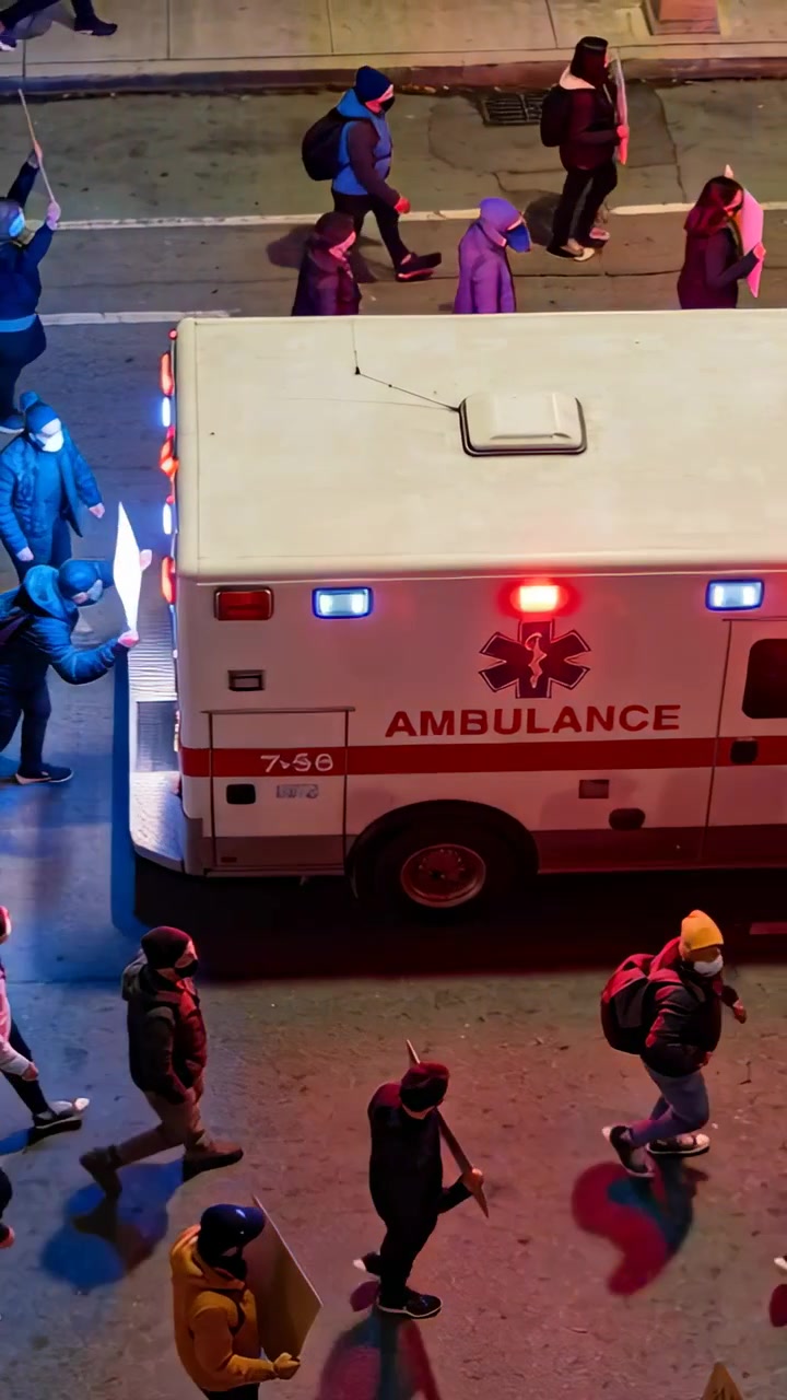 Video verticale: Ambulanza bloccata di notte, inizio di una marcia di protesta, folla che marcia con i cappotti