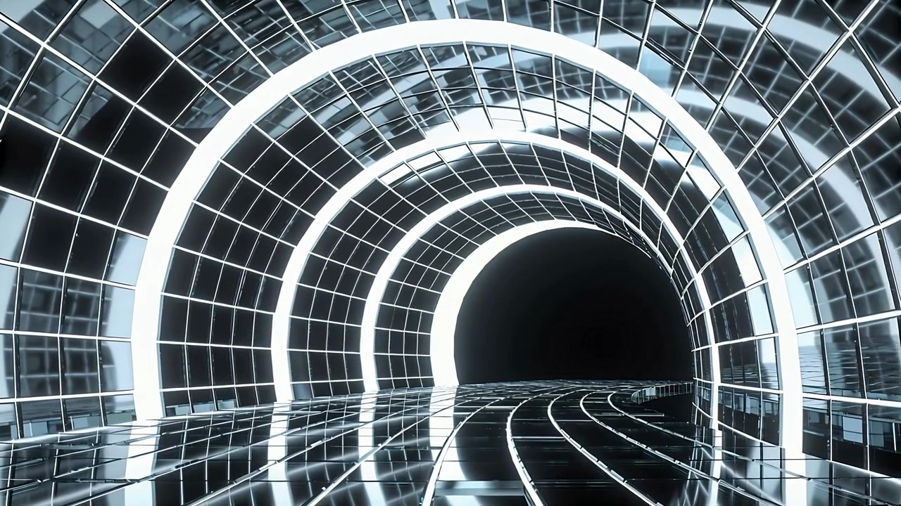 Cámara deslizándose, mostrando un túnel iluminado que avanza hacia un portal oscuro en un corredor futurista, con anillos brillantes.