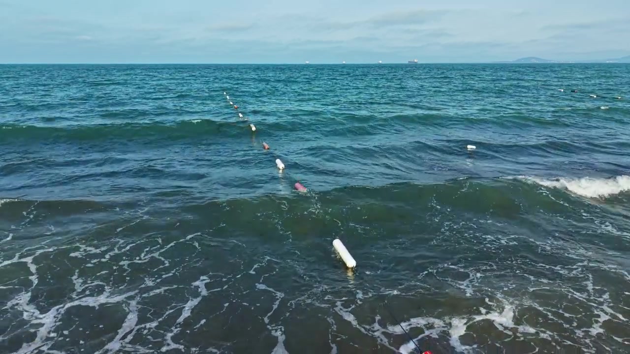 日中の海岸地域、澄み切った空の下、波が打ち寄せる岸辺近くの水面に漁網が浮かぶ。