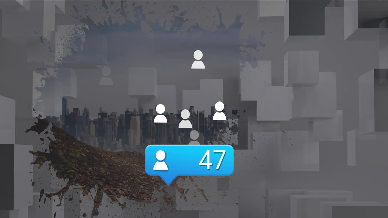 Animación de un paisaje urbano abstracto con un icono de notificación de redes sociales mostrando 47
