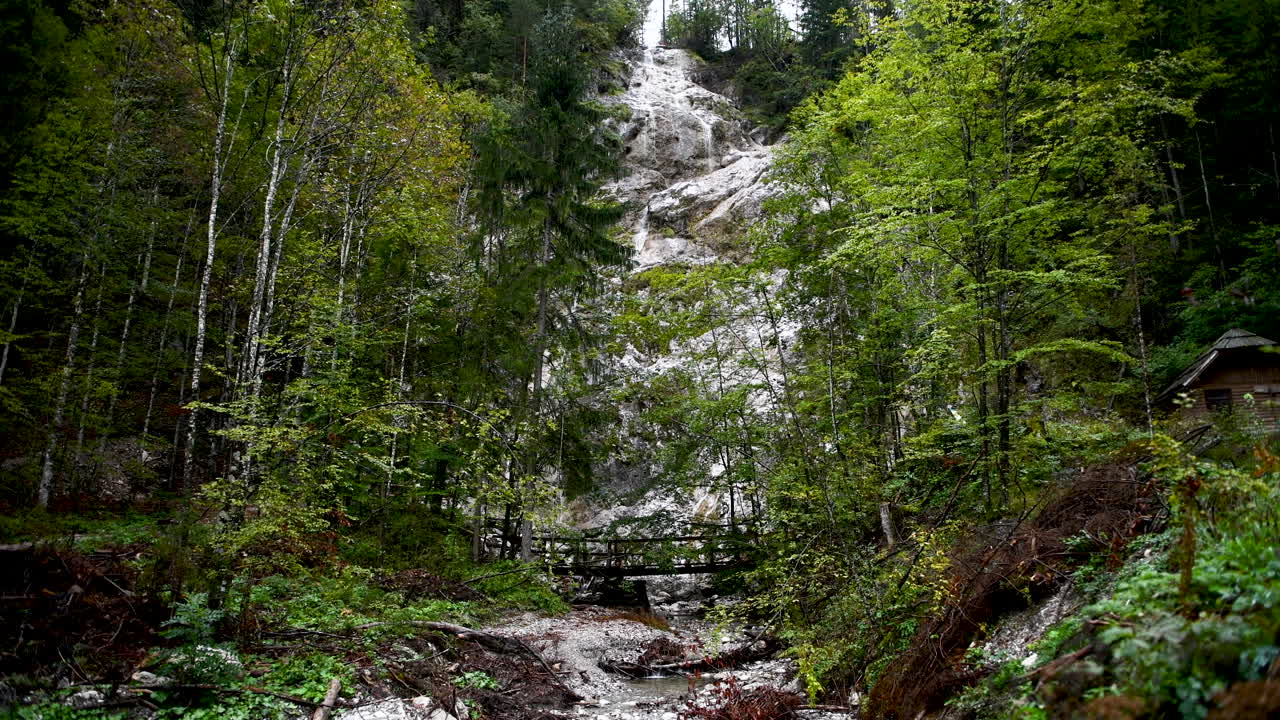 Cascata Palenk nella valle Logarska, Slovenia, torrente alpino che scende a cascata sulle rocce, 4k, ripresa stabile
