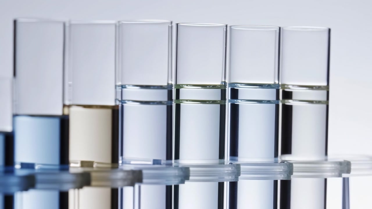 Close-up row of clear glass test tubes filled with tinted liquids on reflective tabletop under soft diffuse lighting in clinical laboratory setting with subtle color gradients