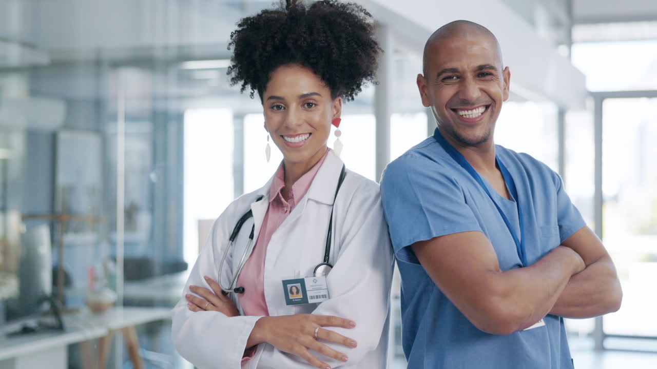 Doctor, team and face with arms crossed