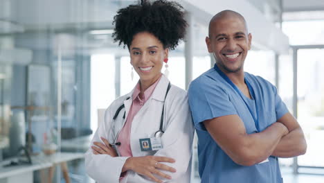 doctor, team and face with arms crossed