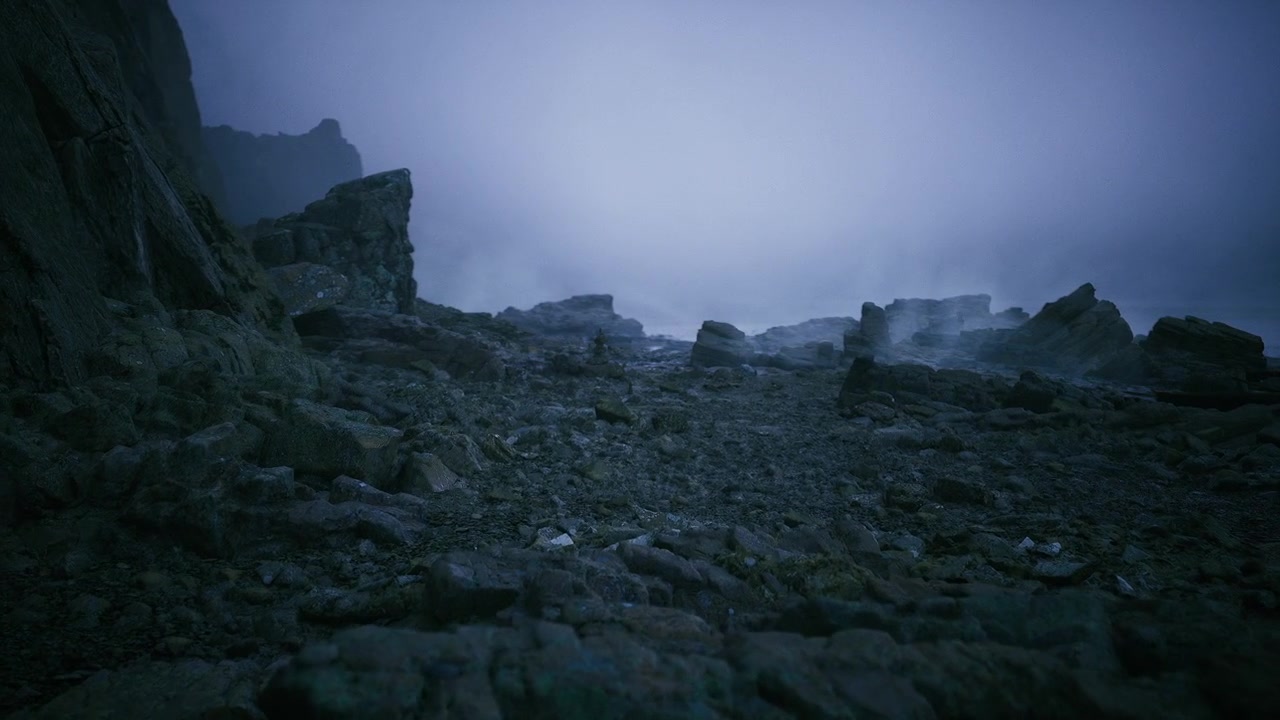Stormlashed volcanic rocks dipping into dim atmospheric light