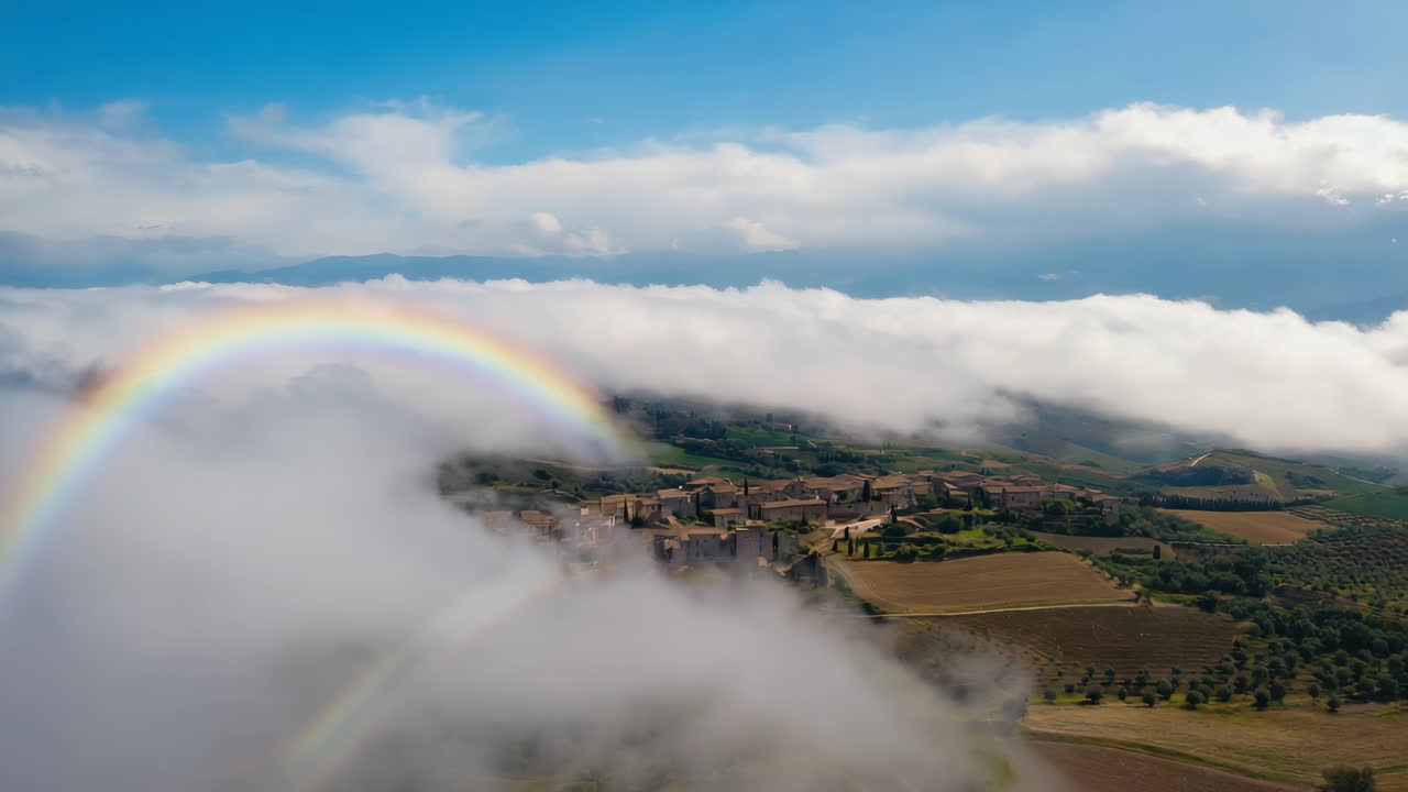 Rainbow over a Village in the Clouds