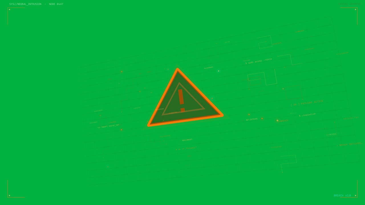 Alert triangle appearing grid tilting nodes linking status pulsing showing alert on transparent HUD