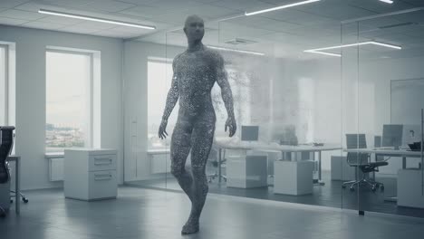 office environment featuring a digital figure seamlessly walking through a glass wall during a bright daylight setting