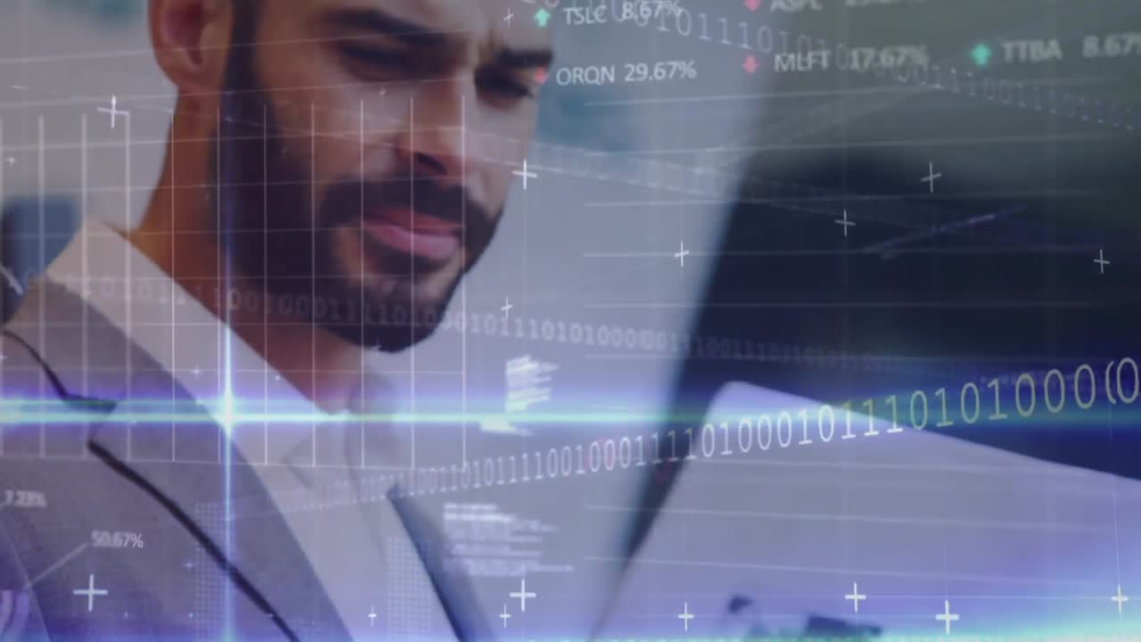 Animasjon av finansiell databehandling over forretningsmann