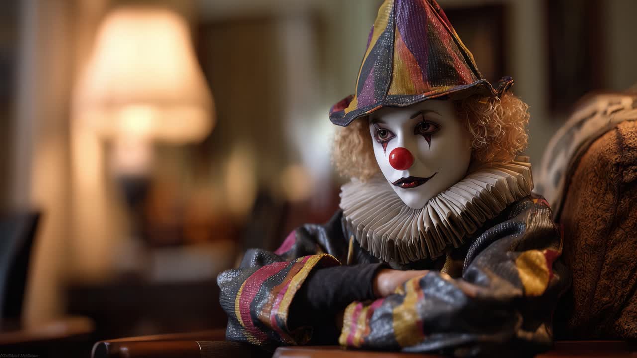 Una bambola clown inquietante e affascinante seduta in una stanza scarsamente illuminata, che mette in mostra il suo costume elaborato e l'espressione inquietante che evoca sia curiosità che disagio