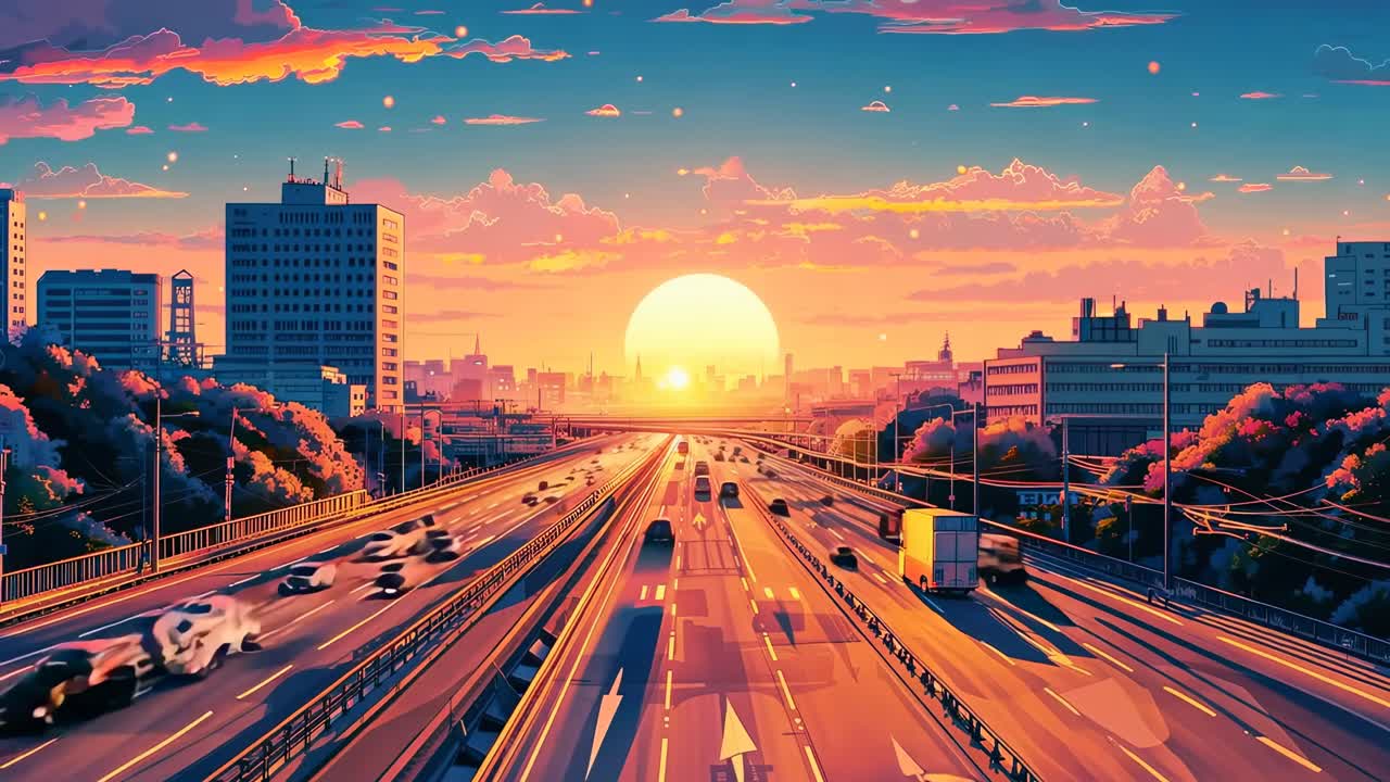 Vibrant anime-style sunset over a busy highway, captured from a high angle, evoking a cinematic