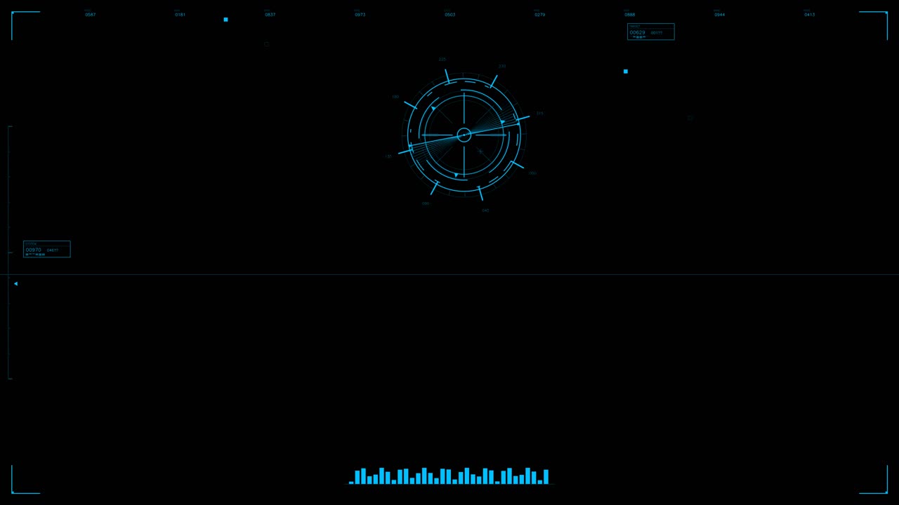 A military graphical user interface with animated elements designed for science fiction video production. It features a digital display with navigational tools