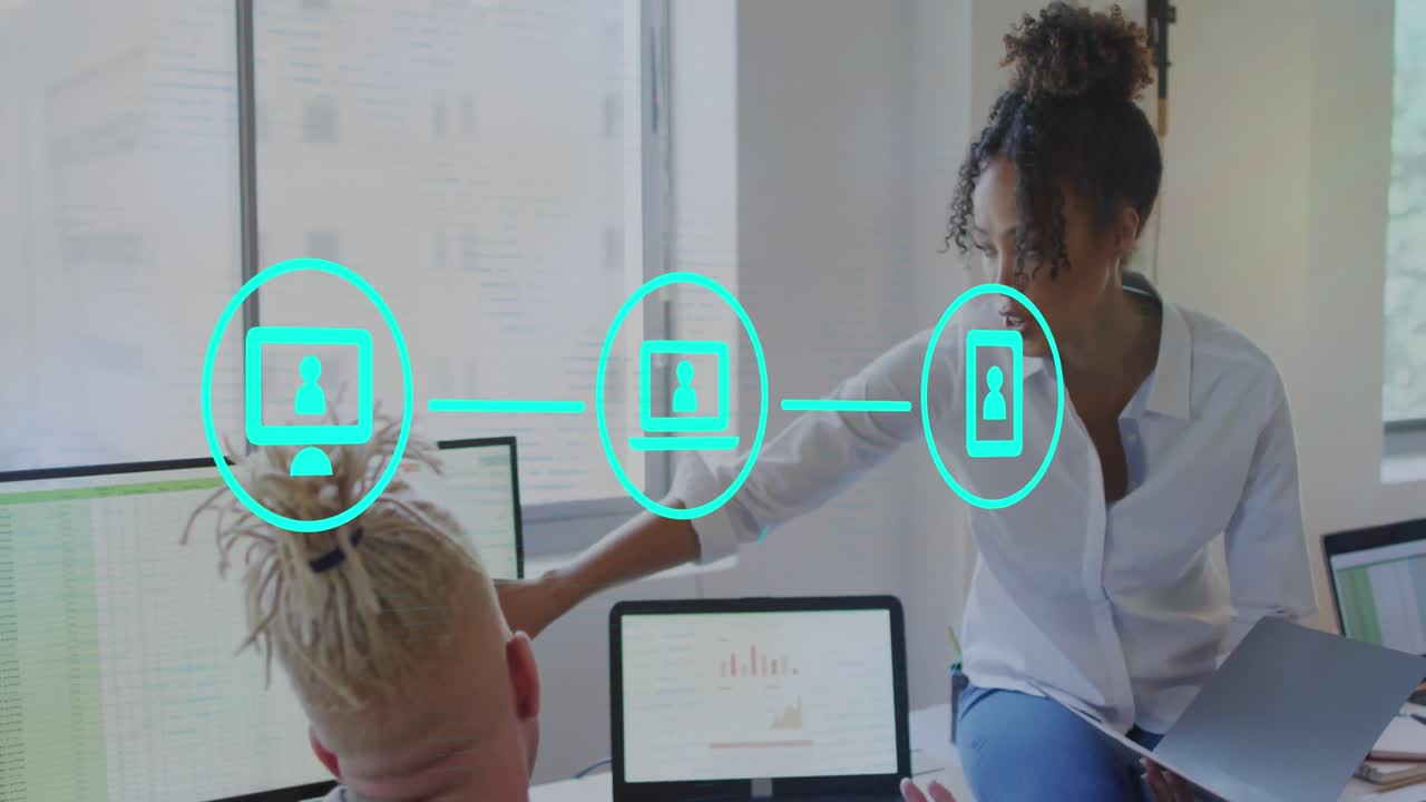 Animation of icons and data processing over diverse business people in office