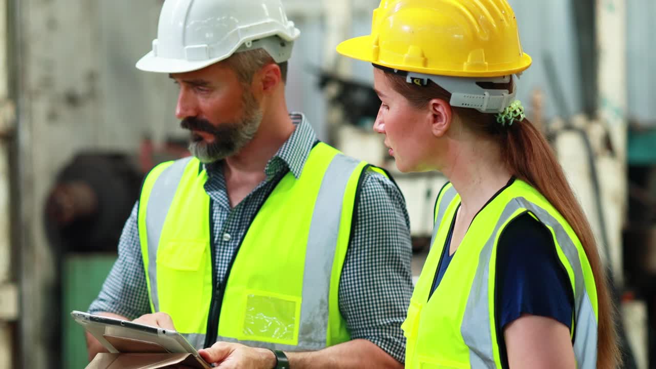 Portrait Caucasian professional Engineer factory. Engineering working with team and digital tablet computer in safety hardhat at factory industrial facilities.