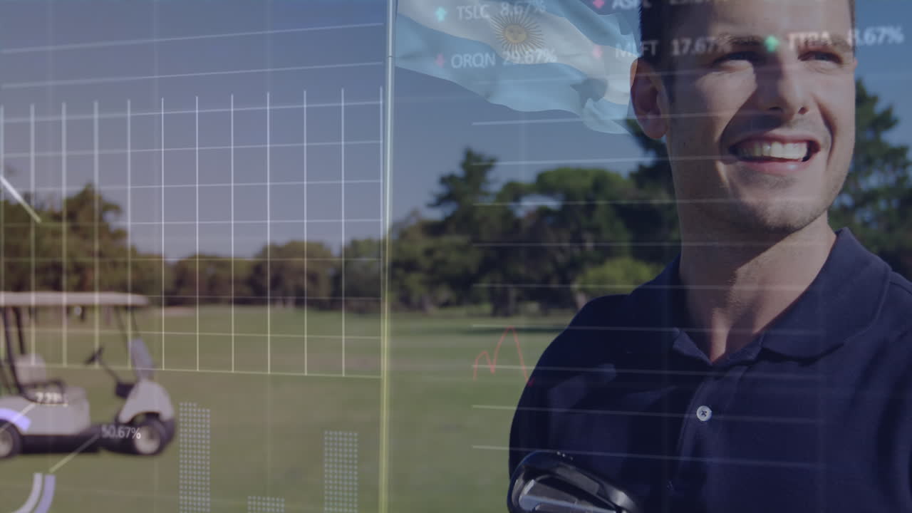 골프 클럽과 함께 서 있는 미소 짓는 백인 골프 선수에 대한 그래프와 거래 보드의 애니메이션