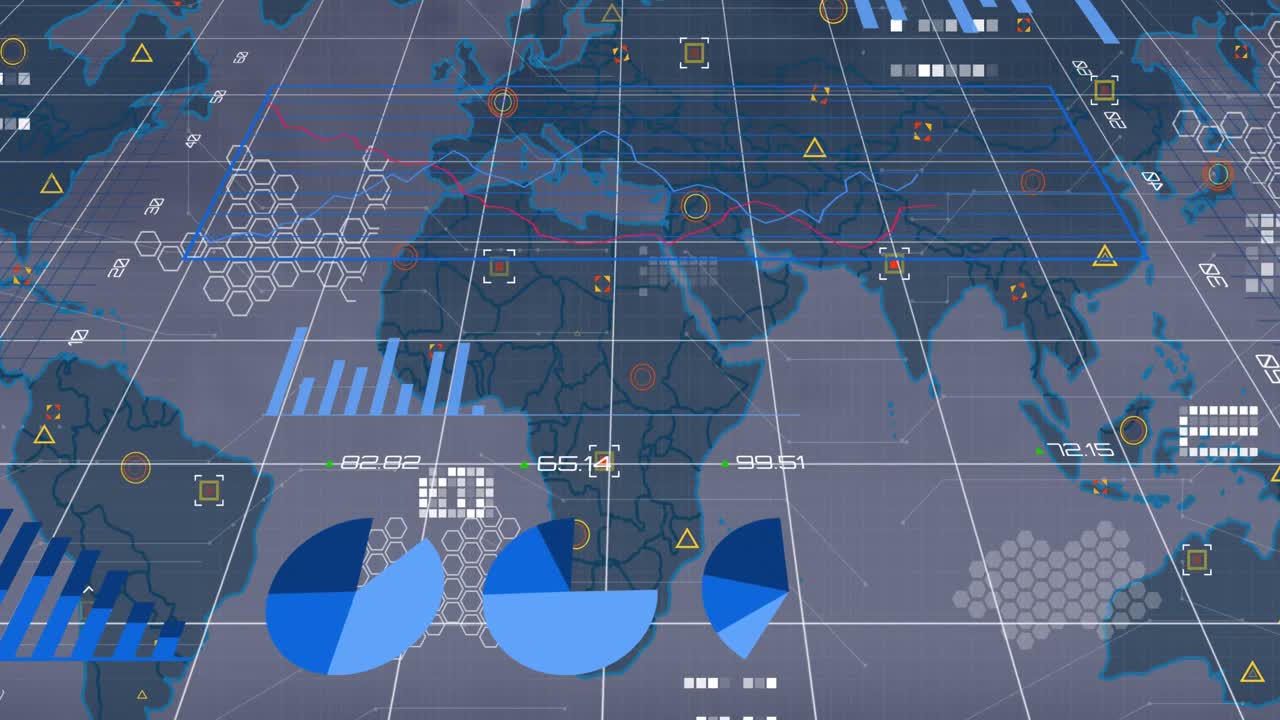 Animation of statistical data processing over world map against clouds in the sky