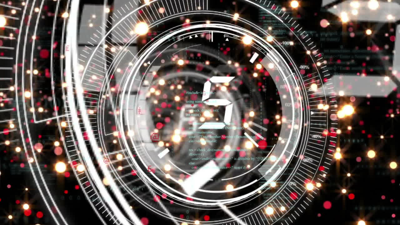 黒い背景の光点をカウントダウンするスコープスキャンのアニメーション