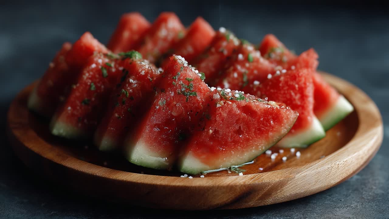 Refreshing Watermelon Slices Enhanced with a Touch of Salt and Herbs on a Wooden Platter for an Invigorating Taste Experience