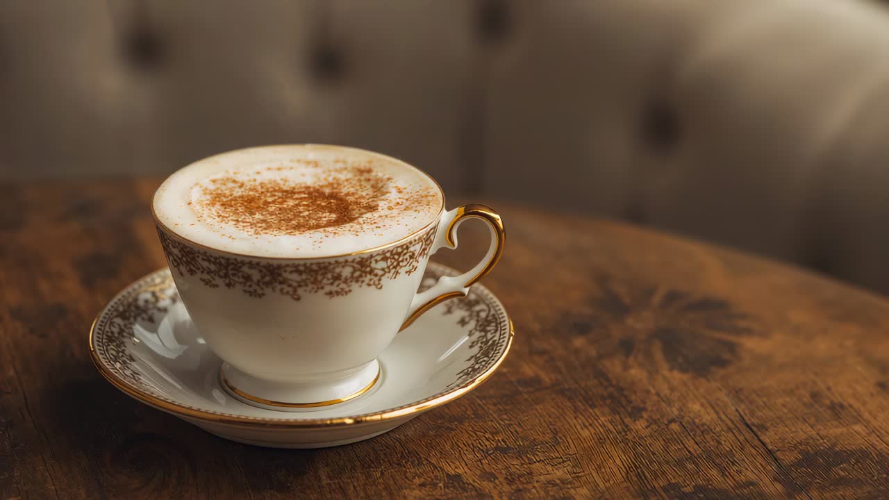 Camera framing china cup on saucer with gold rim holding frothy coffee on wood table, cinnamon