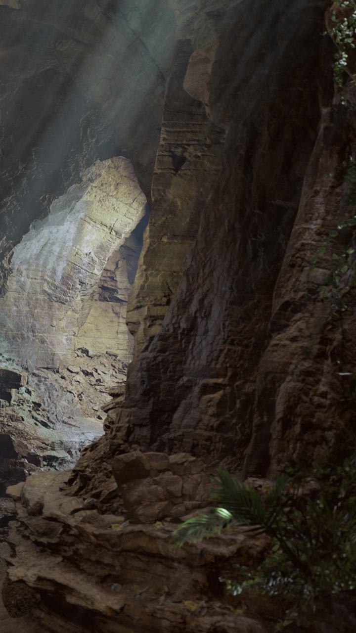 Exploring the mystical canyon with sunlight streaming through rocks