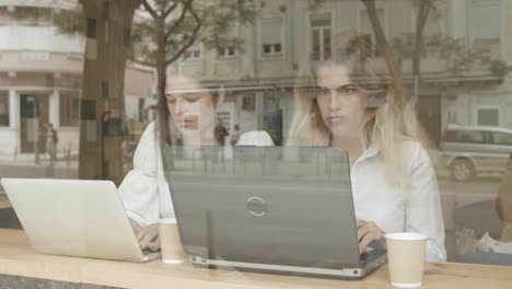 female coworkers using laptop and talking