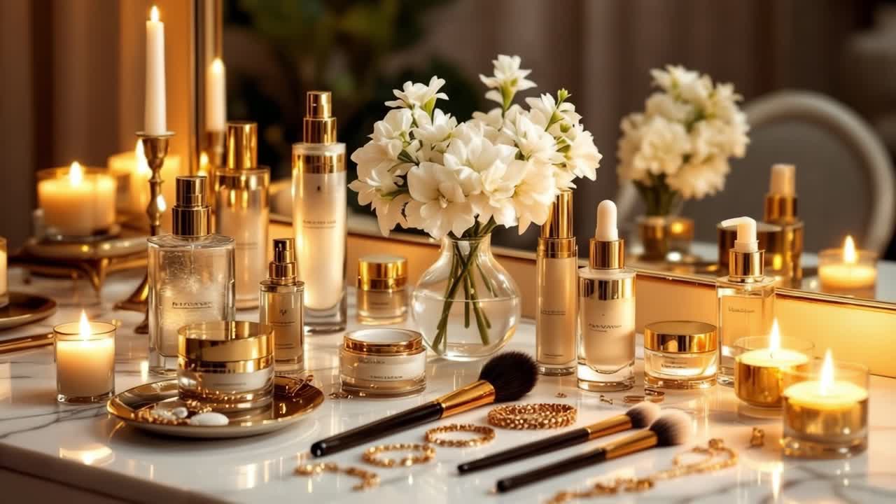Elegant arrangement featuring skincare products, candles, and fresh flowers on a vanity table, illuminated by soft lighting, creating a serene and luxurious atmosphere for self-care