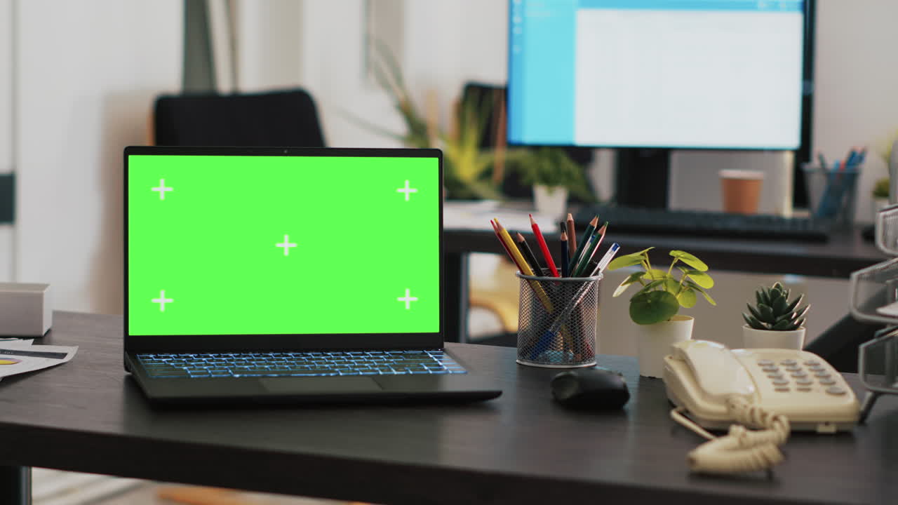ufficio con notebook a chiave chroma e display con lista di clienti pianificati