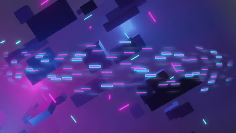 animación de cubos 3d con luces voladoras y fondo púrpura