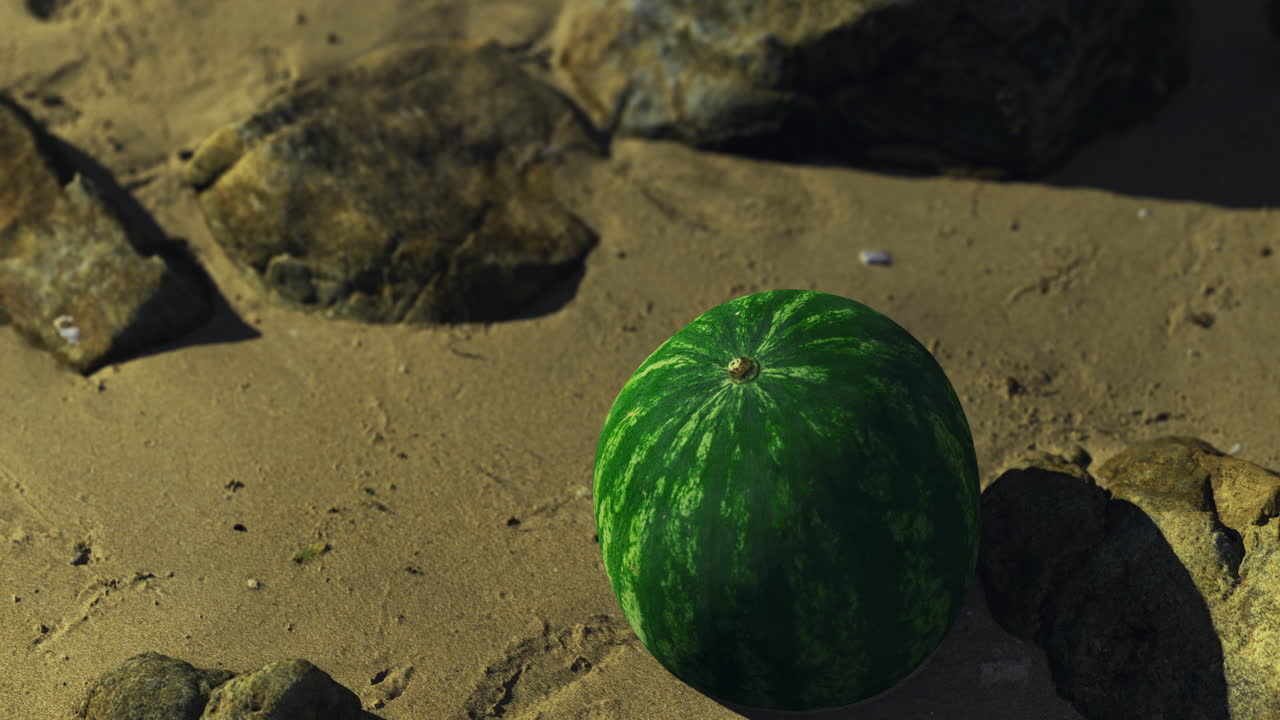 Watermelon near rocks on sandy beach during summer afternoon