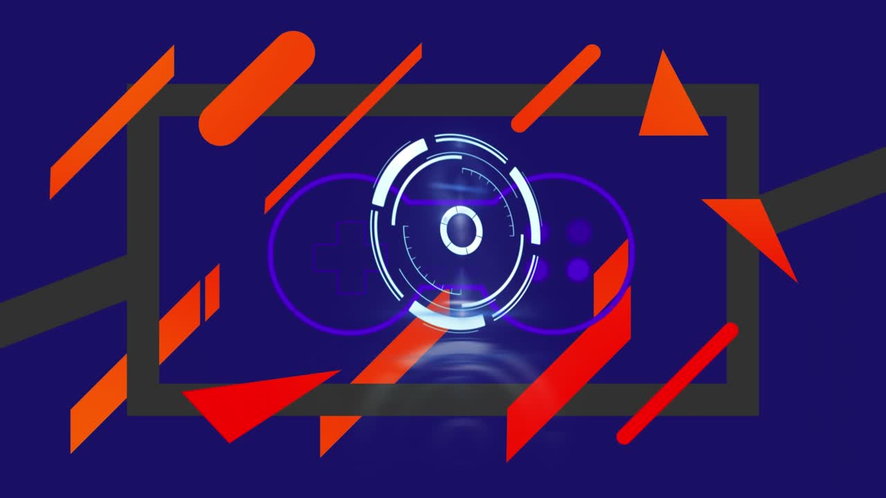 Digital animation of neon round scanner against data processing on blue background