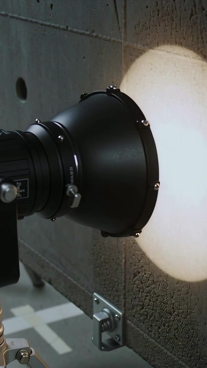 Vertical video: Turning on lab lamp, beam sweeping cinderblock wall testing beam shape, copy space