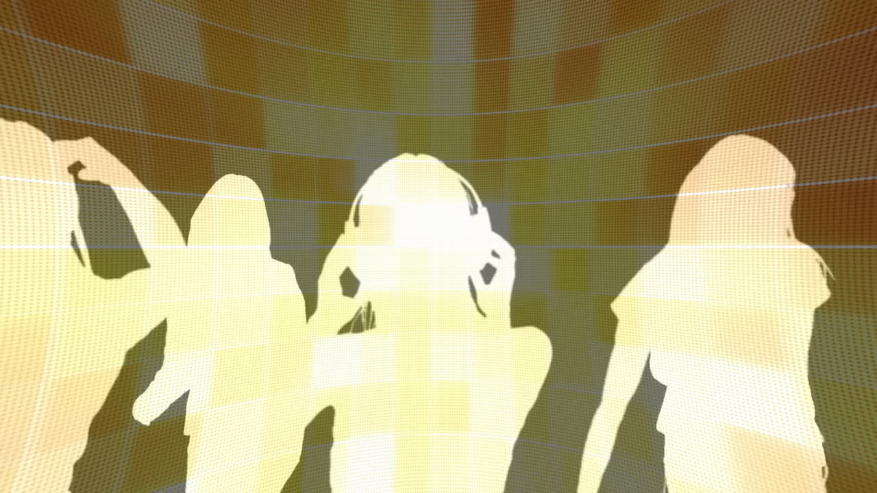 Animation of silhouettes of people dancing over yellow shapes